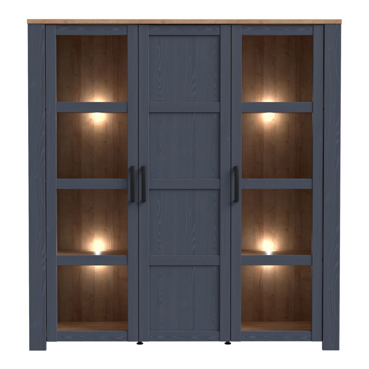 Large Riviera Oak Display Cabinet Inc. 4 x LED Lights in White / Navy Blue - White Bear Furnishings