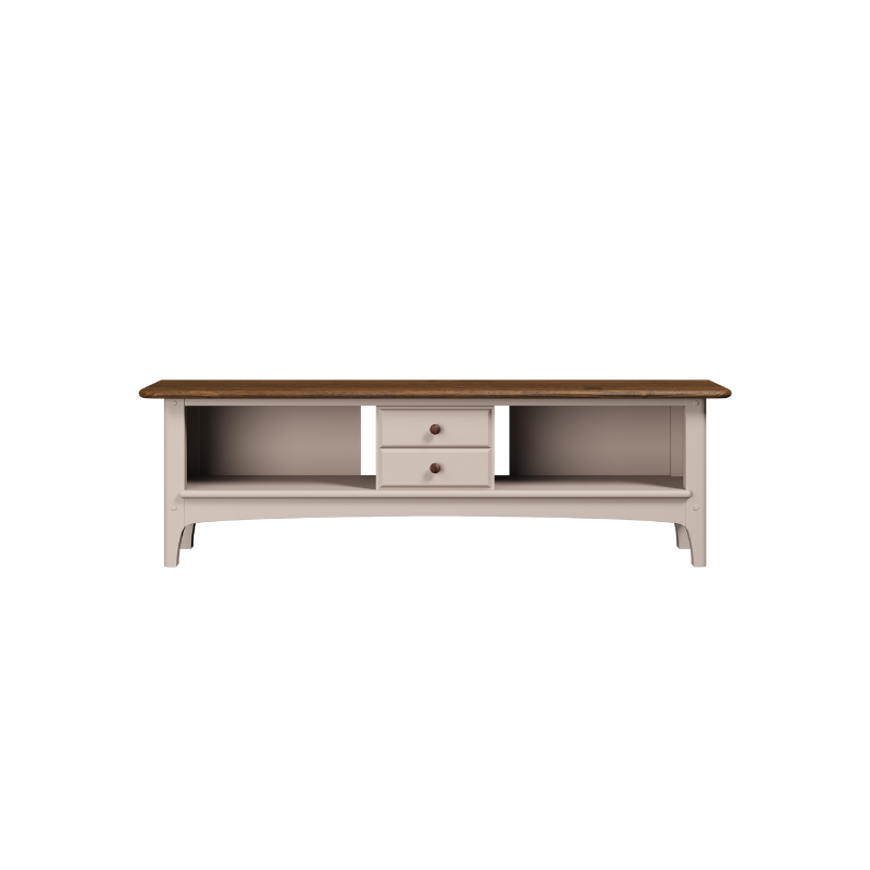 Wooden TV stand with a white base on a white background