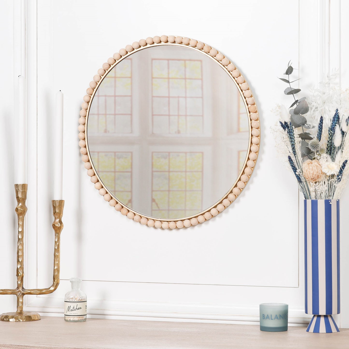 Round Wooden Beaded Gold Framed Wall Mirror - MWA658