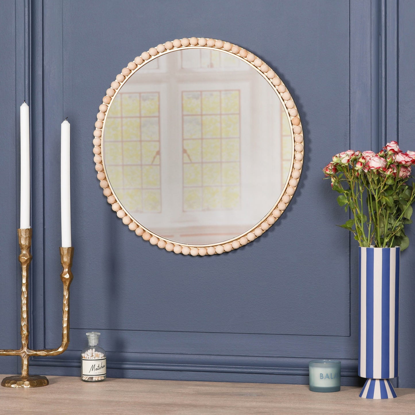 Round Wooden Beaded Gold Framed Wall Mirror - MWA658