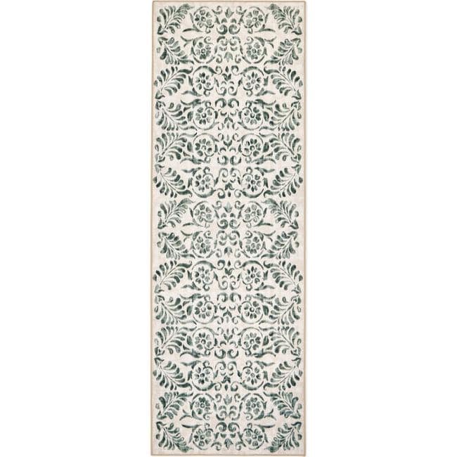 Eco-Washable Beige and Green Rug Floral Design Non-Slip