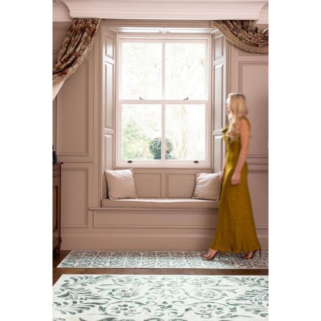 Eco-Washable Beige and Green Rug Floral Design Non-Slip