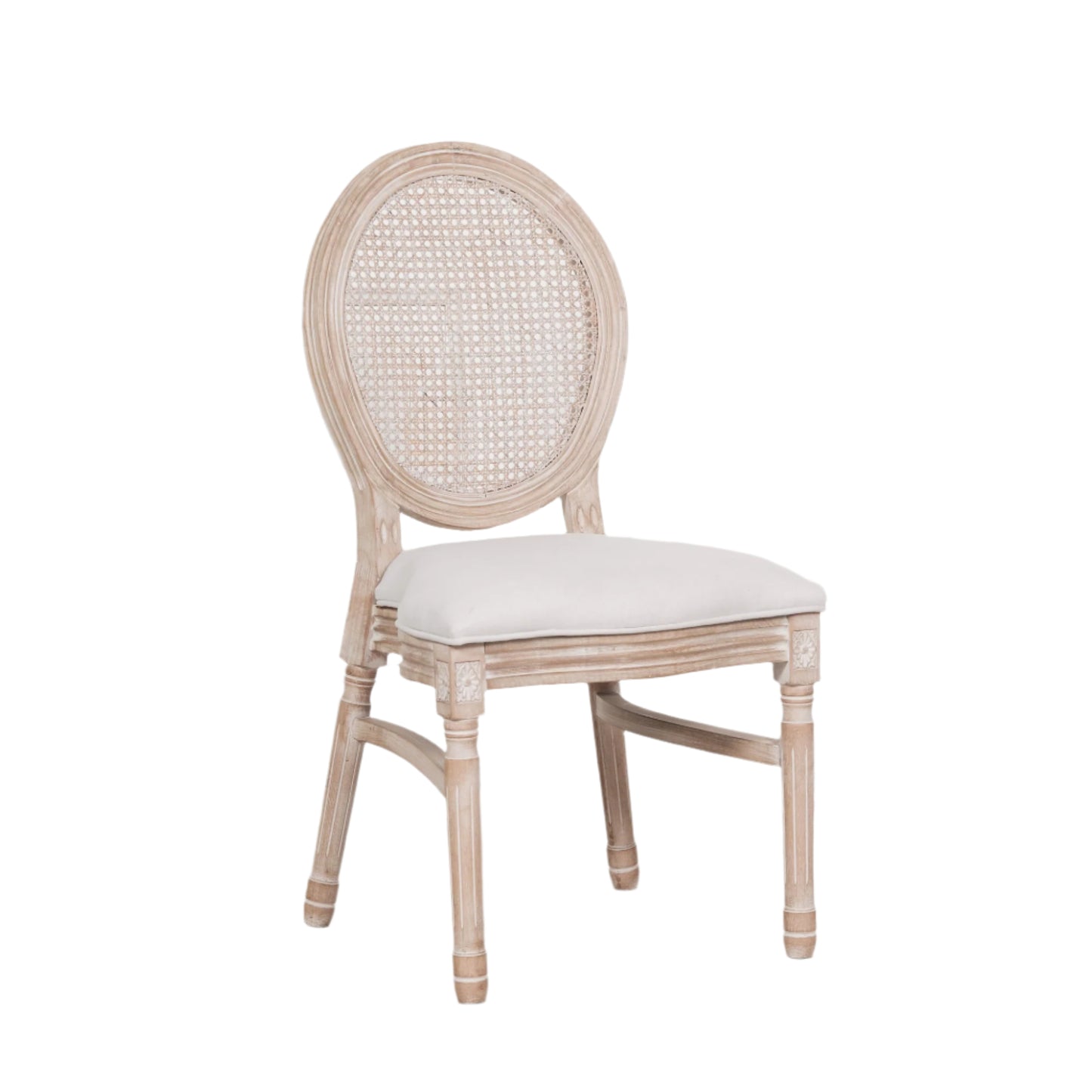 A beige upholstered dining chair with a wooden frame and a round woven backrest.