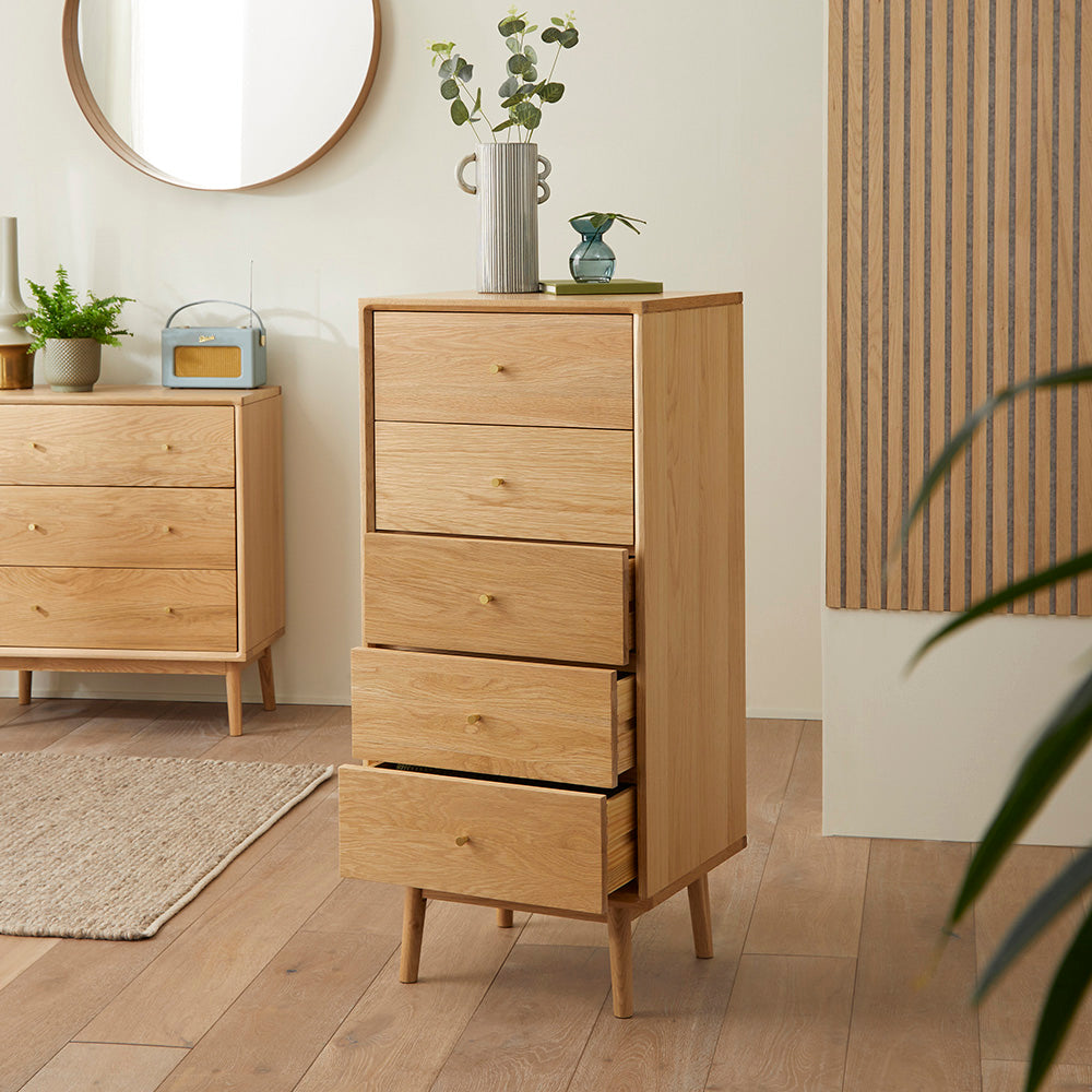 Fishe & Lilly Wright Oak Tallboy Chest of 5 Drawers