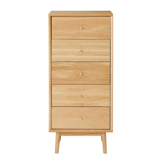 Fishe & Lilly Wright Oak Tallboy Chest of 5 Drawers - White Bear Furnishings