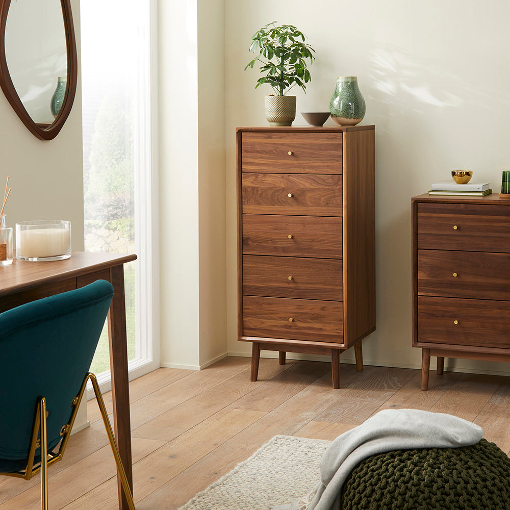 Fishe & Lilly Wright Walnut Tallboy Chest of 5 Drawers - White Bear Furnishings