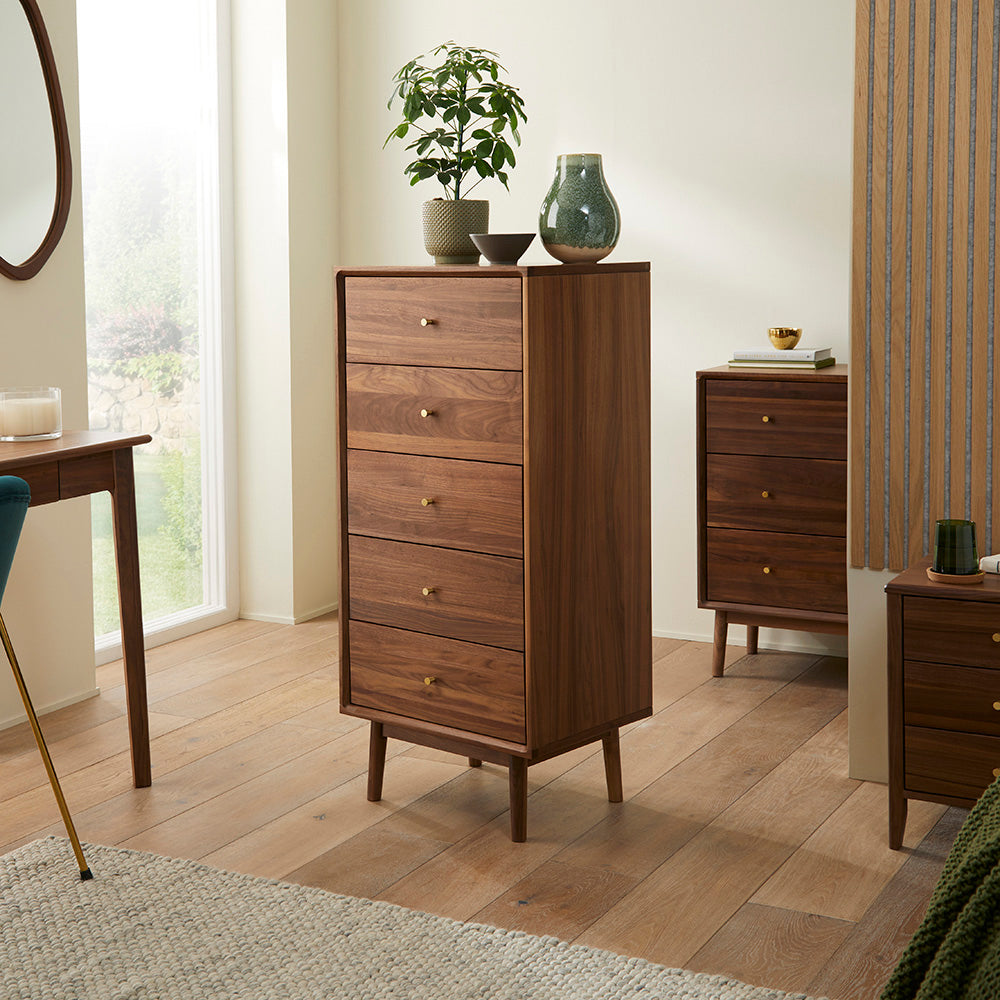 Fishe & Lilly Wright Walnut Tallboy Chest of 5 Drawers - White Bear Furnishings