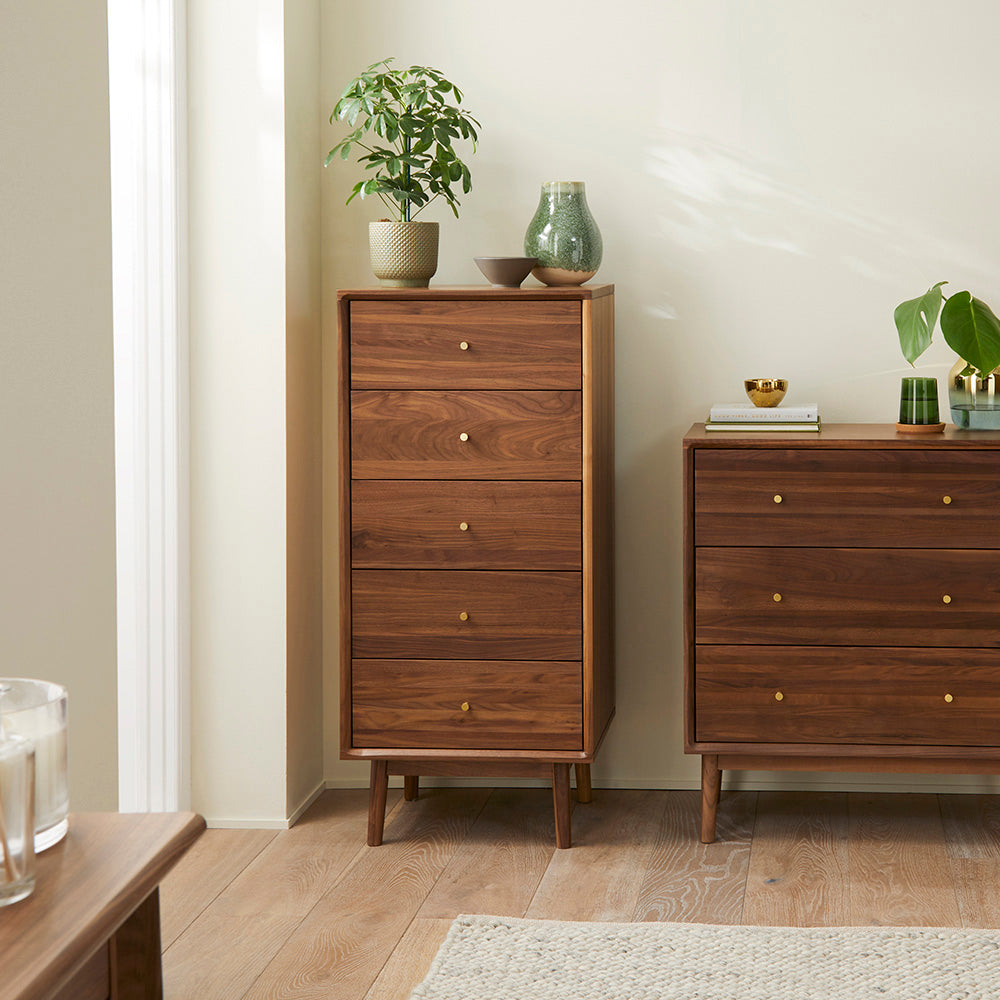 Fishe & Lilly Wright Walnut Tallboy Chest of 5 Drawers