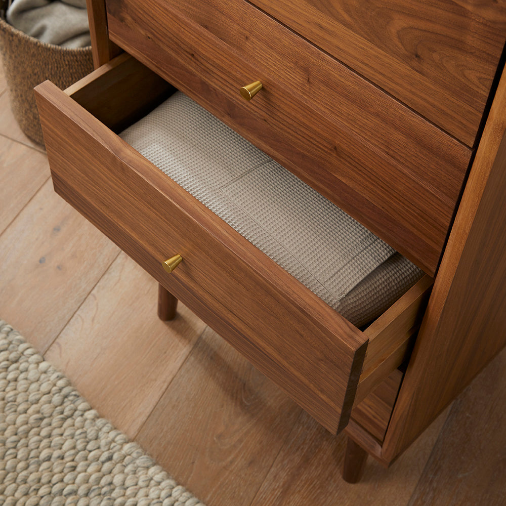 Fishe & Lilly Wright Walnut Tallboy Chest of 5 Drawers - White Bear Furnishings