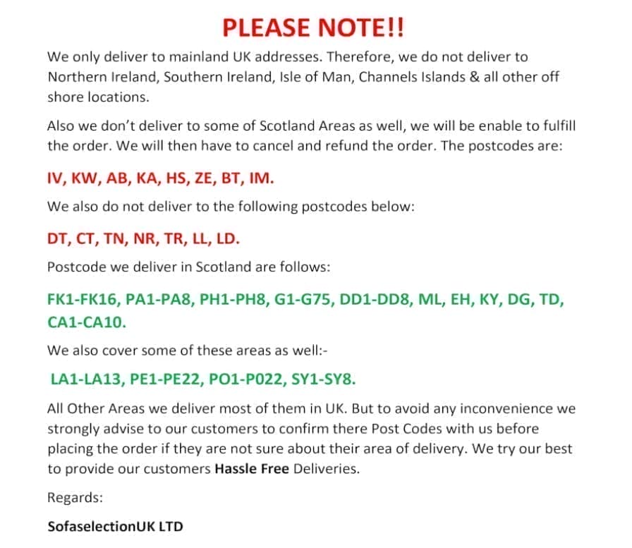 Notification about delivery restrictions for a UK-based company, detailing areas not covered.