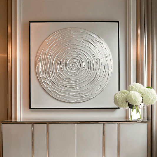 Astratto Silver Textured Circle Canvas Wall Art with Black Frame - White Bear Furnishings