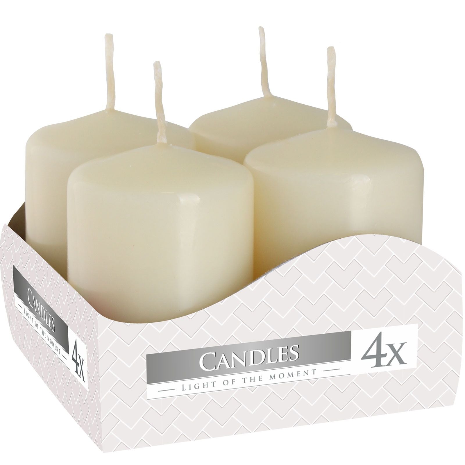 Set of four white candles in a decorative box labeled 'Candles Light of the Moment'.