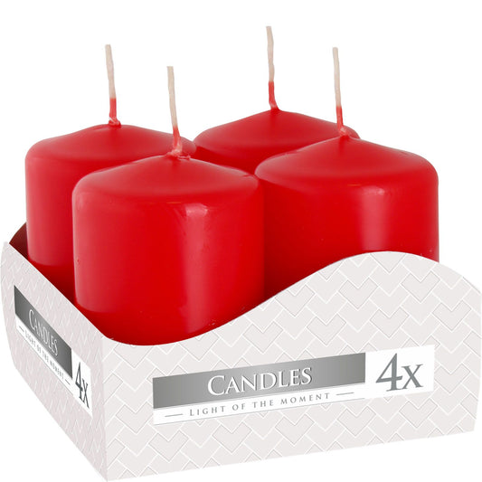 Set of four red candles in a white box with 'Candles Light of the Moment' branding.