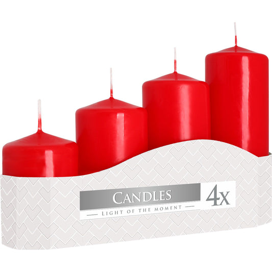 Set of red candles in a white holder with 'Candles' label on a white background