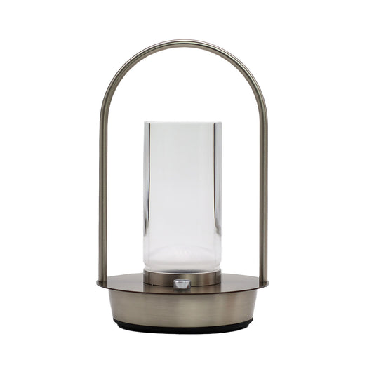 Modern lantern-style touch lamp with glass shade and metal base on a white background