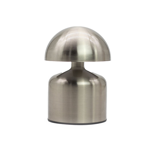 Metallic silver dome-shaped touch lamp on a white background