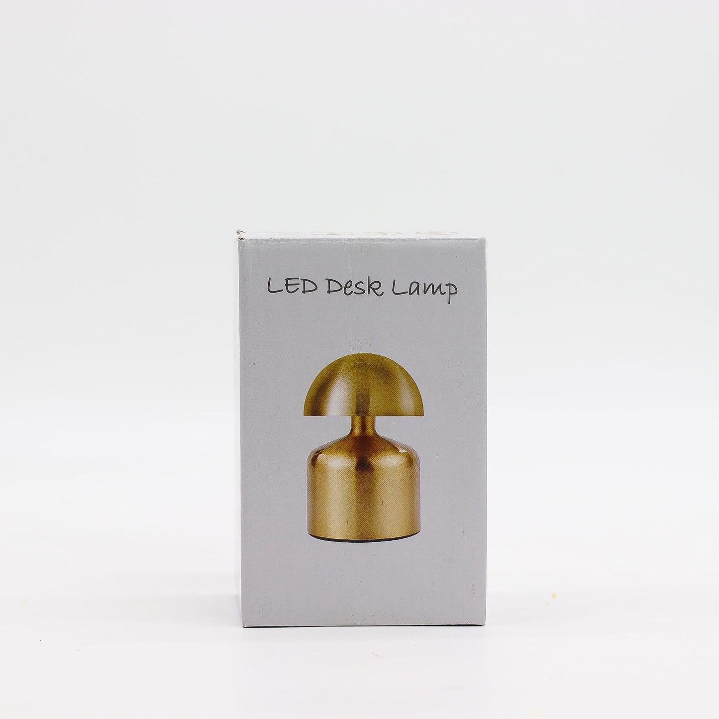 Box for LED desk lamp with gold lamp illustration on a white background