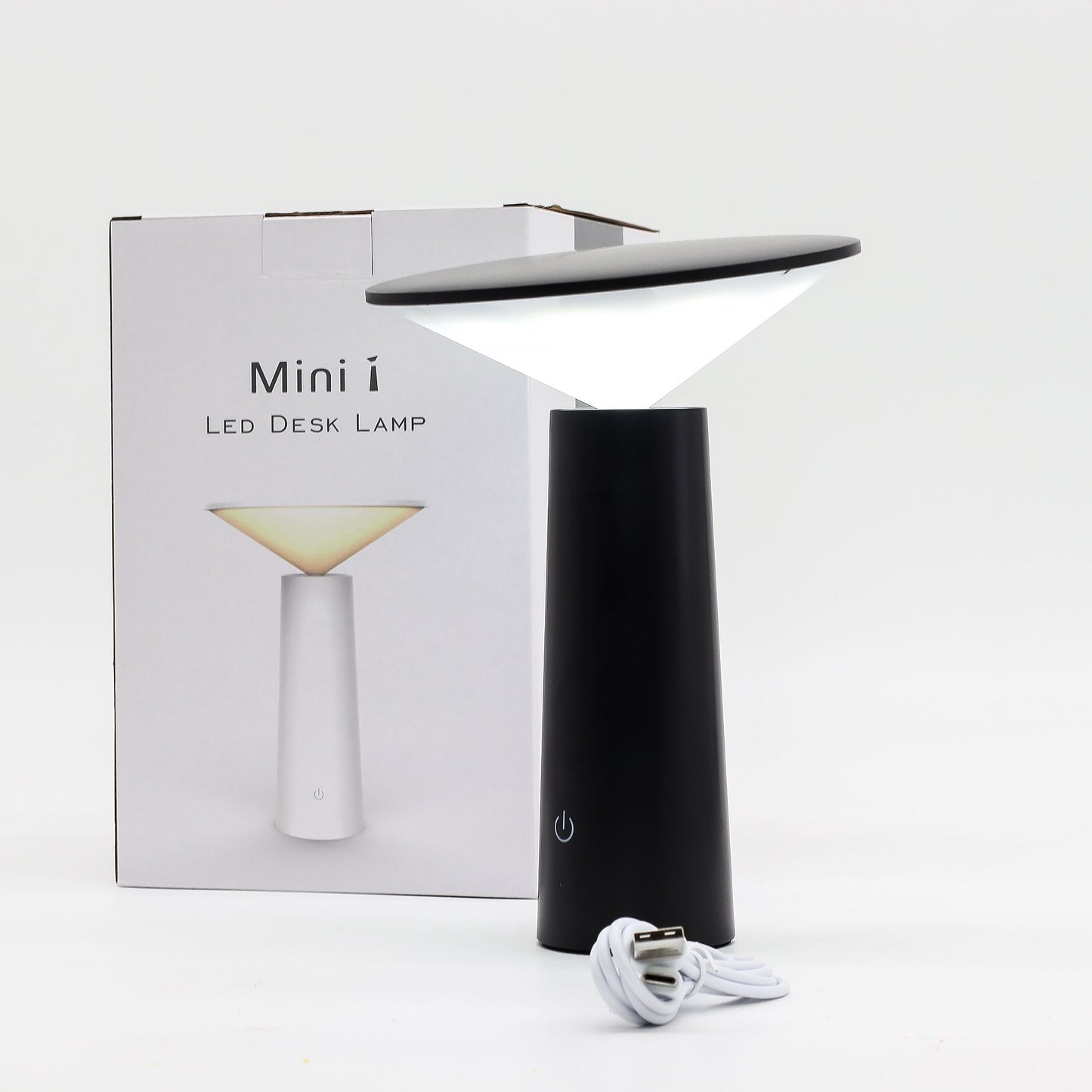 Black LED desk lamp with packaging labeled 'Mini i' on a white background