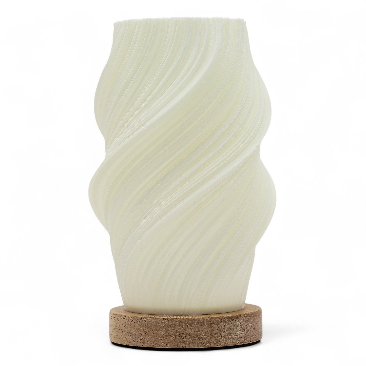 White textured vase with wooden base on a white background