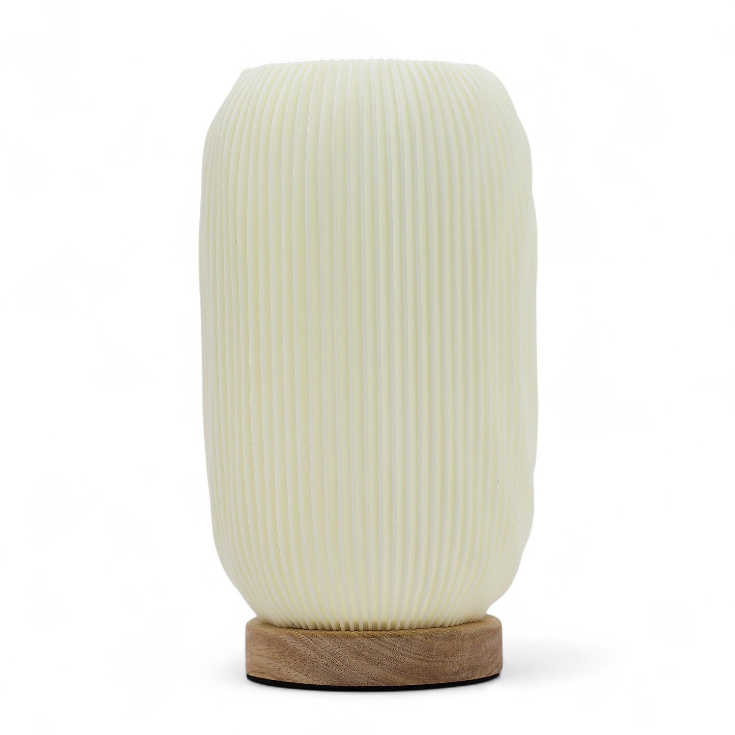 White textured table lamp with wooden base on a white background