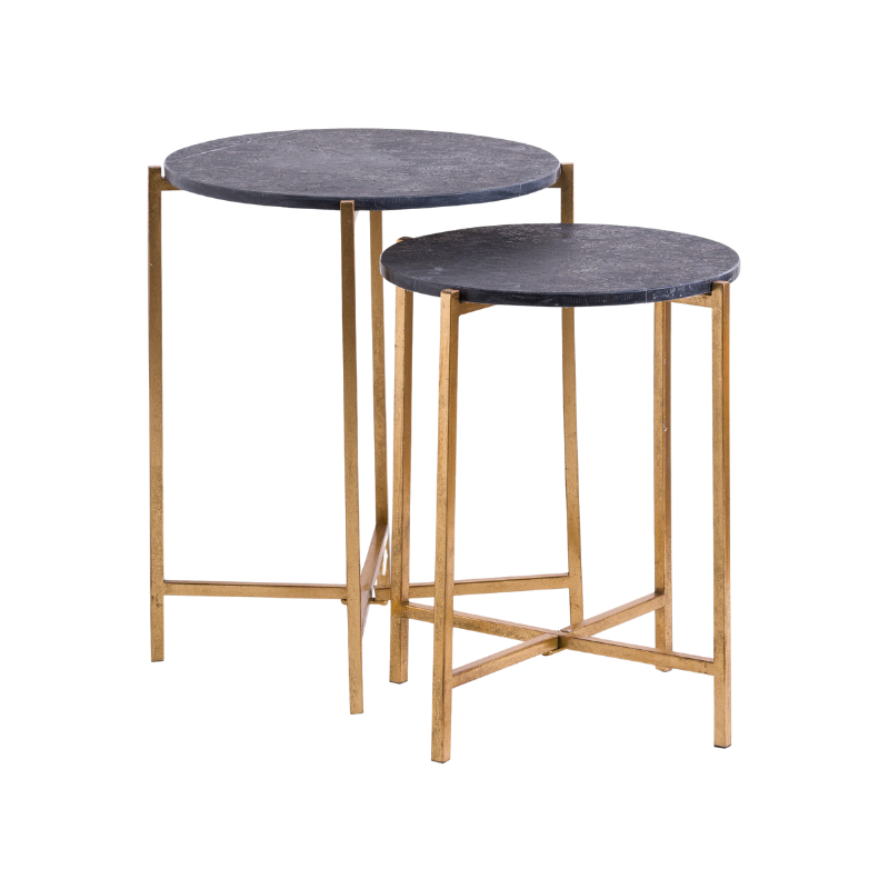 Set Of 2 Gold And Black Marble Tables - 20802