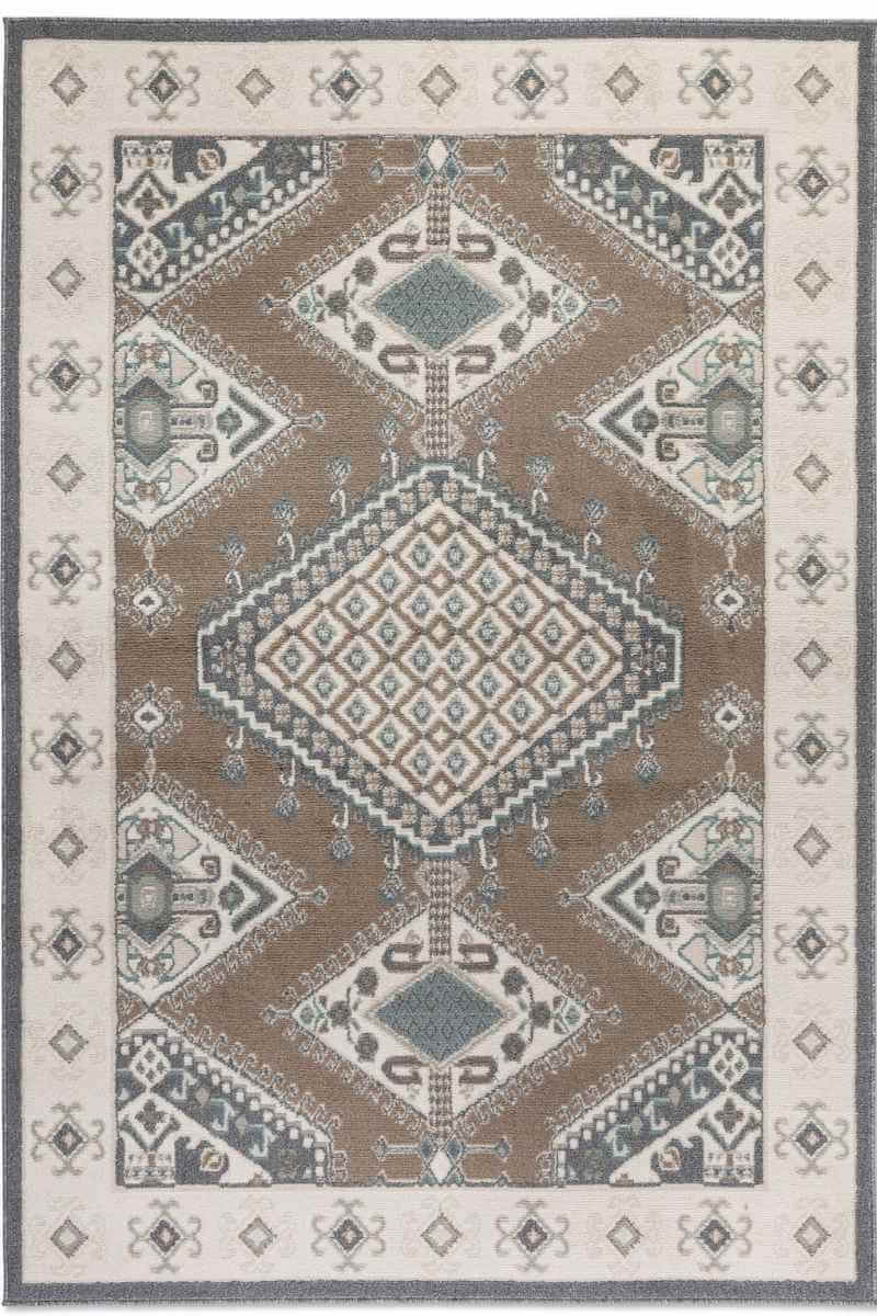 Decorative area rug with geometric pattern on a beige background