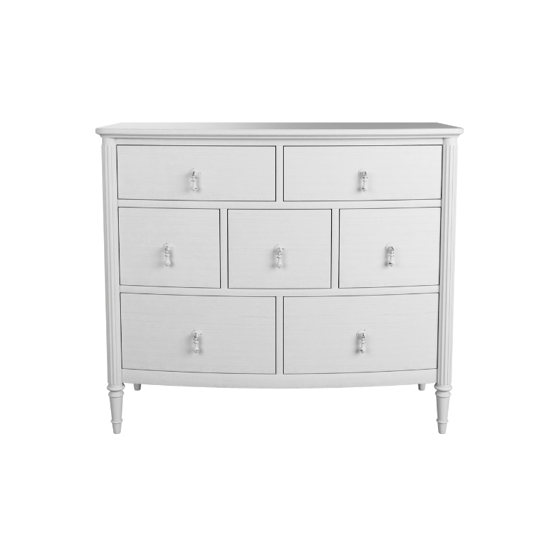 A whitewashed oak chest of drawers with a simple traditional design and metal handles.