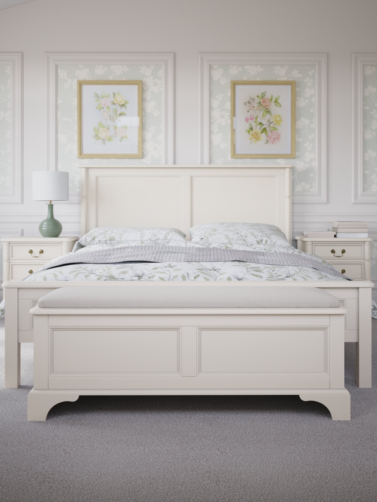 White wooden bed with floral decorations on the wall