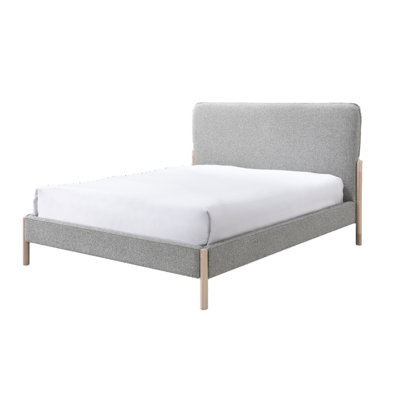 Gray upholstered bed with white mattress on a white background