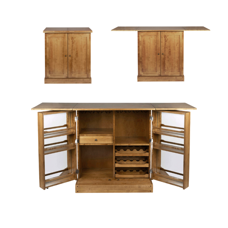 An extendable drinks cabinet in a honey-colored finish, showing the interior with wine storage and the cabinet in both open and closed states.