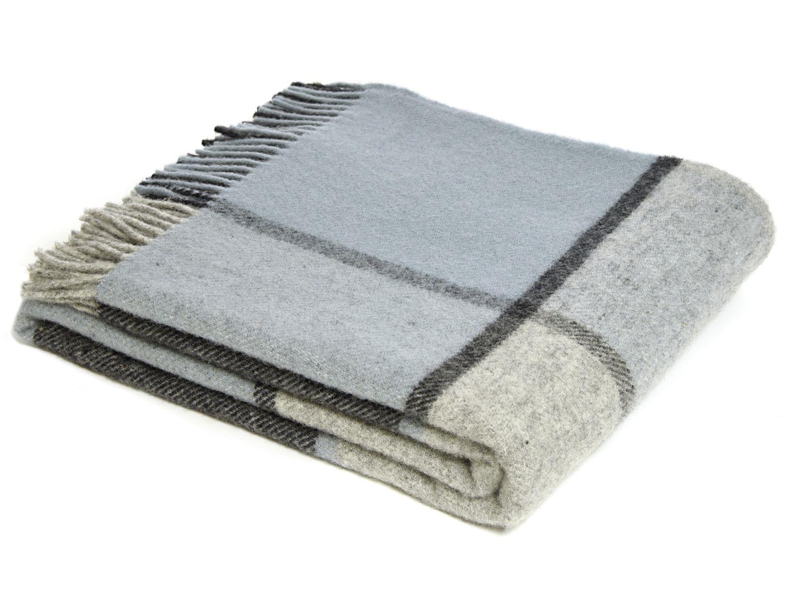 Block Check Pure New Wool Throw - Duck Egg - White Bear Furnishings