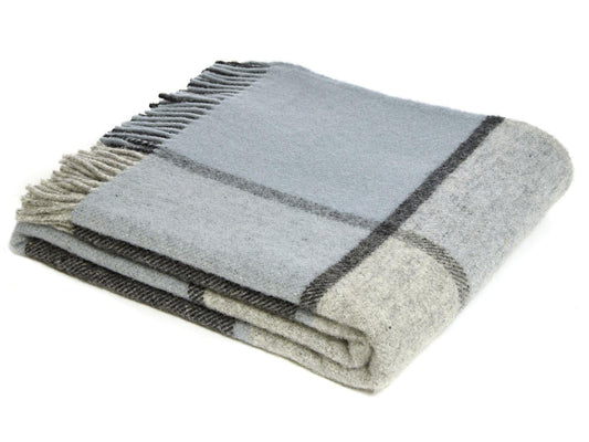 Block Check Pure New Wool Throw - Duck Egg - White Bear Furnishings