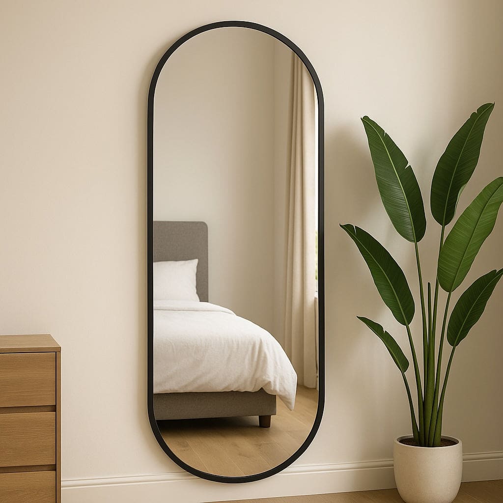 Emi - Full Length Black Metal Runway Oval Mirror - 180cm x 80cm - White Bear Furnishings