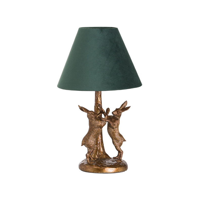Handcrafted Antique Gold Marching Hares Lamp With Green Velvet Shade - 20695