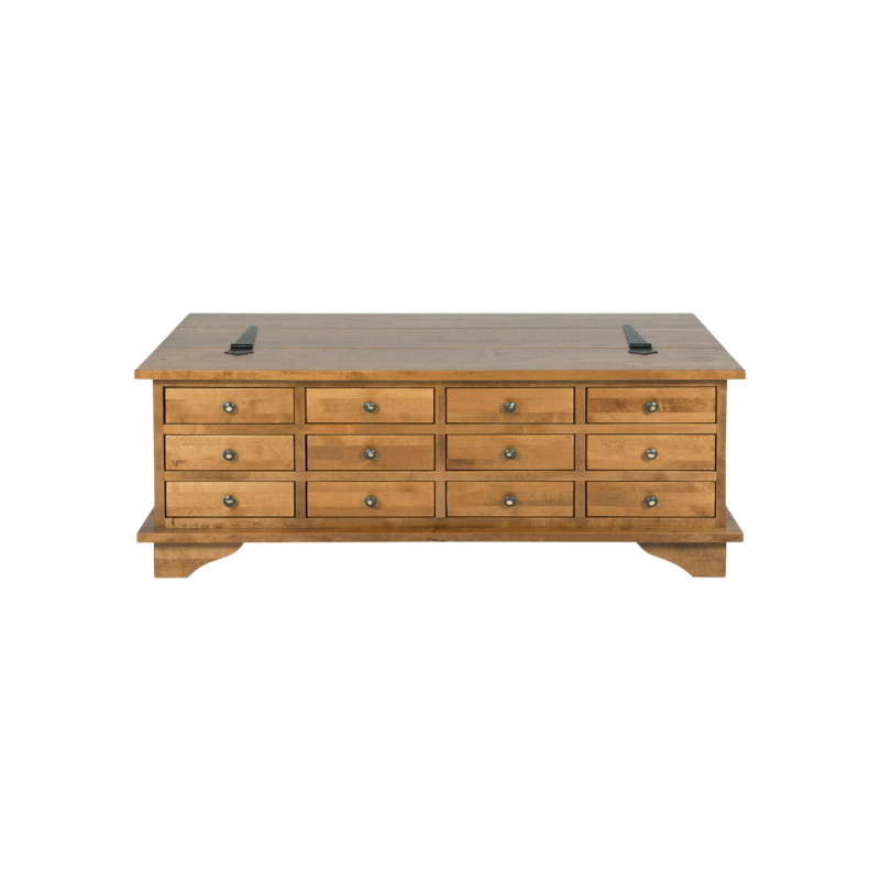 A honey-colored wooden coffee table with 12 drawers, positioned in a living room setting.