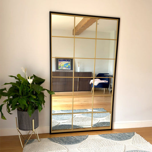 Kyō - Full Length Black and Gold Metal Rectangle Lattice Grid Mirror - 180cm x 105cm. - White Bear Furnishings