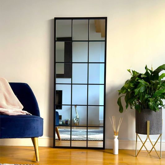 Kyō - Full Length Black Metal Rectangle Lattice Grid Mirror - 150cm x 60cm. - White Bear Furnishings
