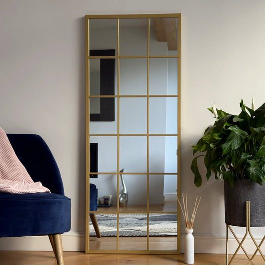 Kyō - Full Length Gold Metal Rectangle Lattice Grid Mirror - 150cm x 60cm - White Bear Furnishings