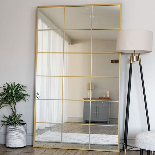 Kyō - Full Length Gold Metal Rectangle Lattice Grid Mirror - 180cm x 90cm. - White Bear Furnishings
