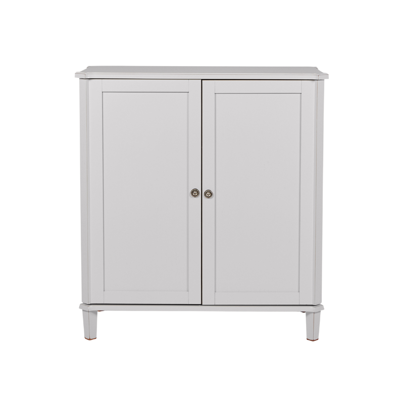 Pale grey drinks cabinet with two doors on a white background