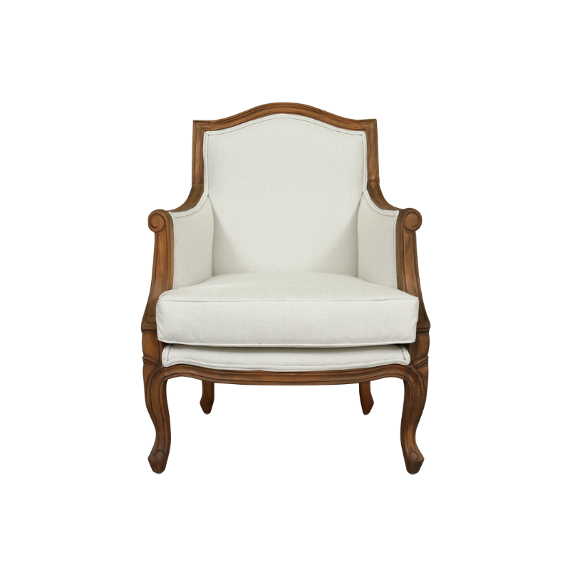 White armchair with wooden frame on a white background