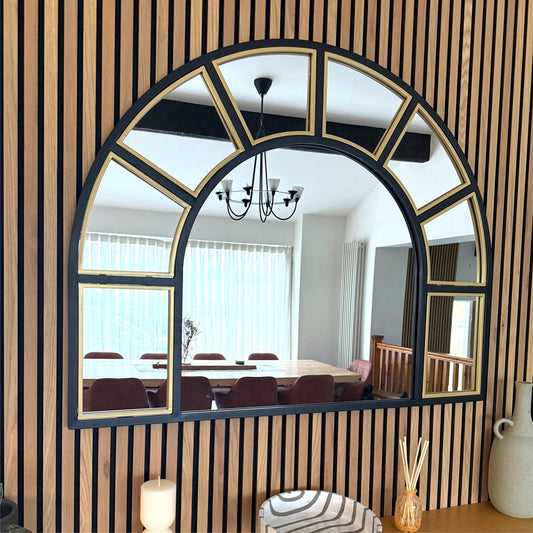 Mio - Black & Gold Metal Arched Window Mirror - 95cm x 120cm - White Bear Furnishings