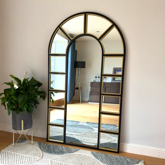 Mio - Full Length Black & Gold Metal Arched Window Mirror - 180cm x 105cm. - White Bear Furnishings