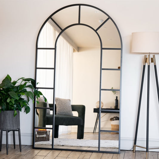 Mio - Full Length Black Metal Arched Window Mirror - 180cm x 90cm. - White Bear Furnishings