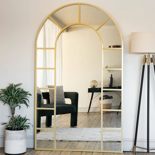 Mio - Full Length Gold Metal Arched Window Mirror - 180cm x 105cm. - White Bear Furnishings