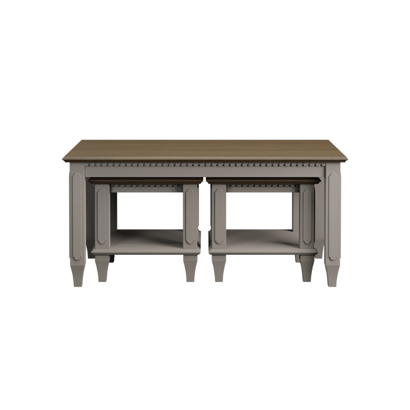 A rectangular coffee table with a set of 2 nesting tables in pale French grey colour underneath, made of wood, with a compact and sturdy design.