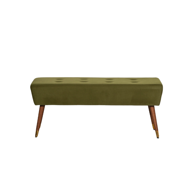 Olive Green Velvet Buttoned Ottoman Bench with Gold Legs - AV499