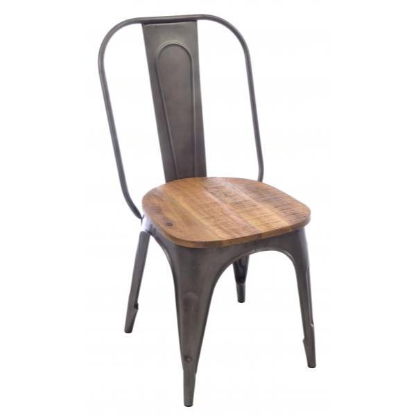 An industrial dining chair with a metal frame and wooden seat, showcasing a wire-edged backrest and 'slat' back design.