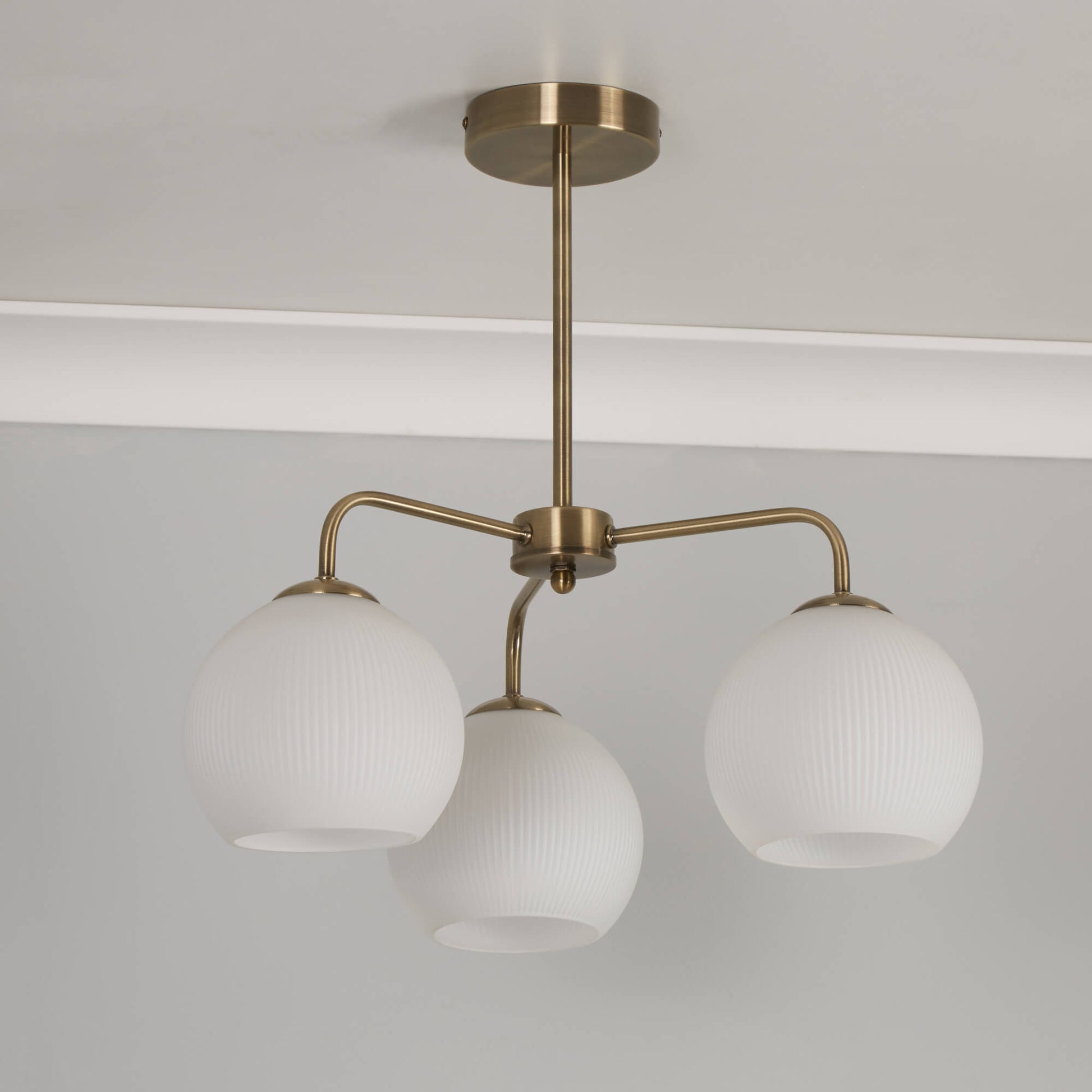 Hamblin 3 Light Antique Brass and Opal Glass Semi-Flush Ceiling Light - White Bear Furnishings