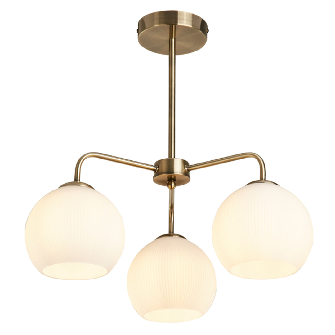 Hamblin 3 Light Antique Brass and Opal Glass Semi-Flush Ceiling Light - White Bear Furnishings
